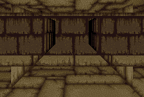 bcdfx — levels 1–4 & 12–13 (tan / grey) — open corridor, side walls receding to a far wall (map bcdfb @ 57,1 facing E)
